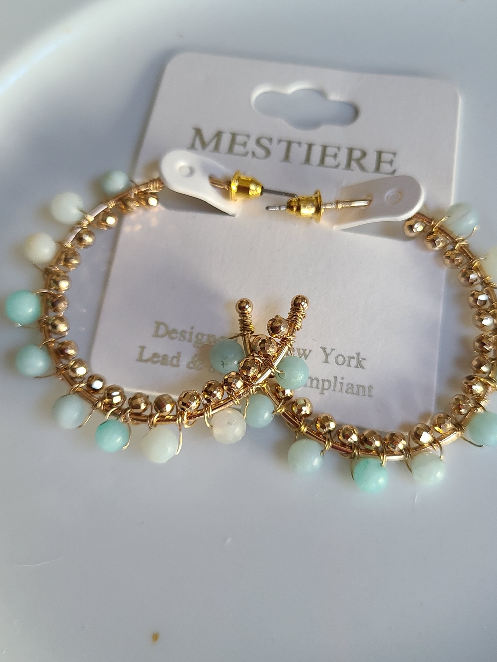 Mestiere Gold Hoop Earrings with Mint Bead Accents Semi Precious Stone